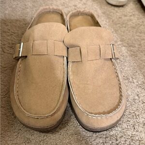 Tan Suede Loafers with Buckle Detail